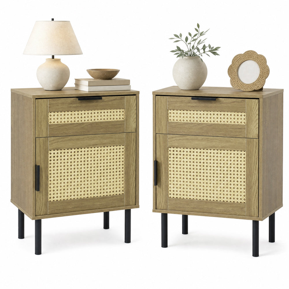 Set of 2 natural rattan nightstands with drawers and storage cabinets, perfect for bedroom or dorm use.
