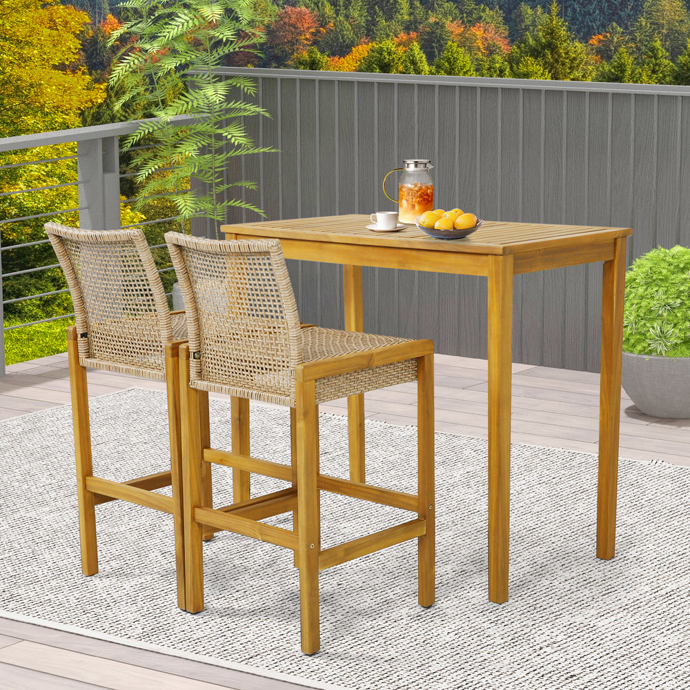 Set of 2 acacia wood barstools with PE rattan seats, perfect for outdoor dining on a patio or balcony.