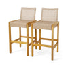 Set of 2 rattan patio barstools with acacia wood frame and backrest, ideal for indoor and outdoor dining.