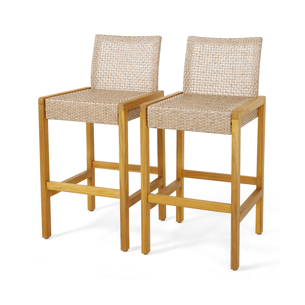 Set of 2 rattan patio barstools with acacia wood frame and backrest, ideal for indoor and outdoor dining.