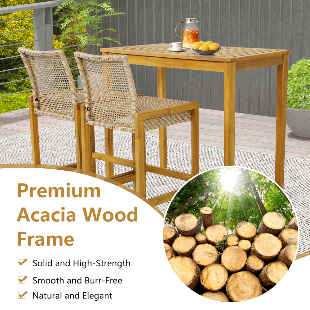 Set of 2 rattan patio barstools with acacia wood frame, ergonomic design, perfect for indoor or outdoor dining.