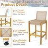 Rattan patio barstool with curved backrest and footrest, featuring an acacia wood frame for indoor and outdoor use.