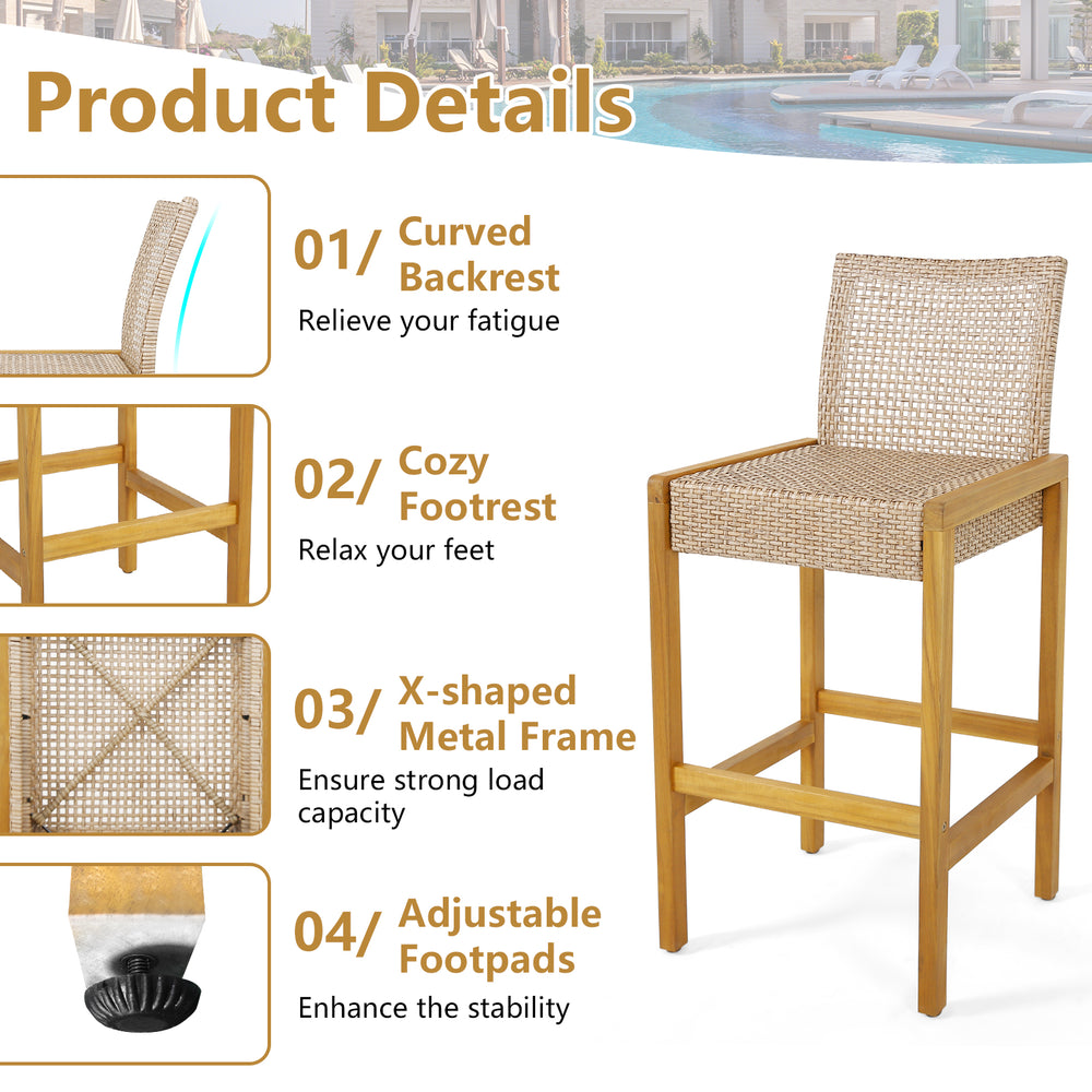Rattan patio barstool with curved backrest and footrest, featuring an acacia wood frame for indoor and outdoor use.