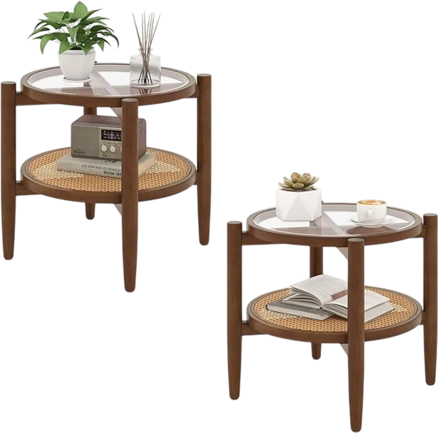 Costway Set of 2 Rattan Round Side End Tables w/ Tempered Glass 83060610 New