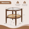 Rattan round side end table with tempered glass top, acacia wood legs, and two-tier storage for versatile use.