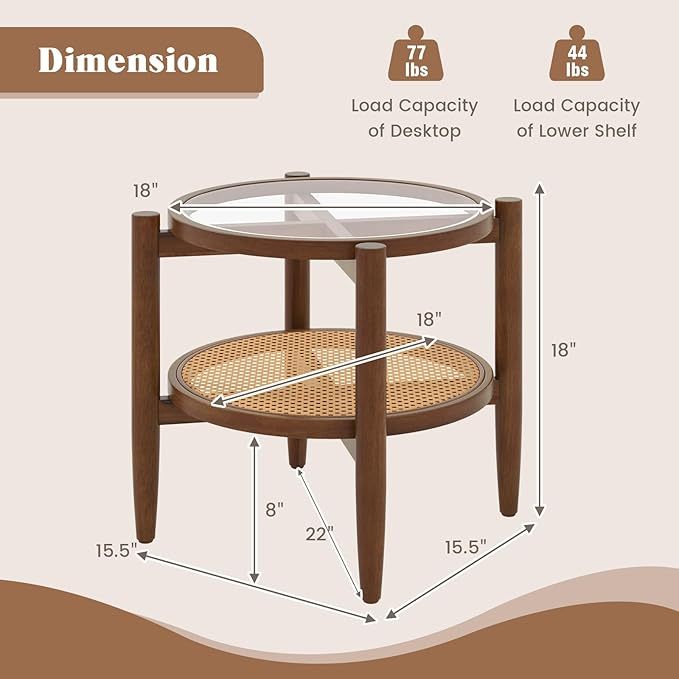 Rattan round side end table with tempered glass top, acacia wood legs, and two-tier storage for versatile use.