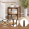 Round side end table with tempered glass top, acacia wood legs, and PE rattan, ideal for living room or bedroom use.