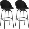 Set of 2 black rattan swivel barstools with curved backs, featuring a heavy-duty metal frame for outdoor relaxation.