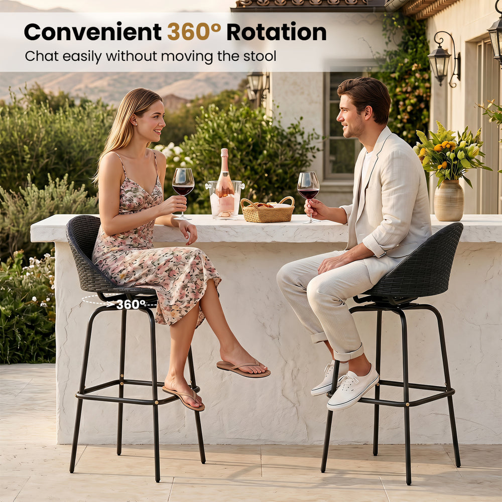 Set of 2 black rattan swivel barstools with curved backs, perfect for relaxed seating on the balcony or porch.