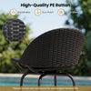 Curved back black rattan swivel barstool features a heavy-duty metal frame and is ideal for backyard or balcony use.