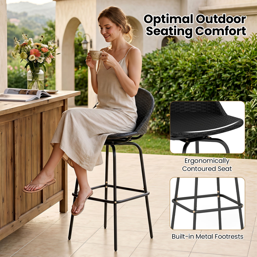 Rattan swivel barstool with curved back and footrest, crafted from black PE rattan for outdoor comfort and elegance.
