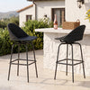 Set of 2 black rattan swivel barstools with curved back, ideal for backyard or balcony relaxation.