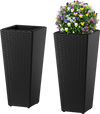 Set of 2 black rattan tall plant pots with detachable liners, perfect for garden or indoor use, featuring a robust.