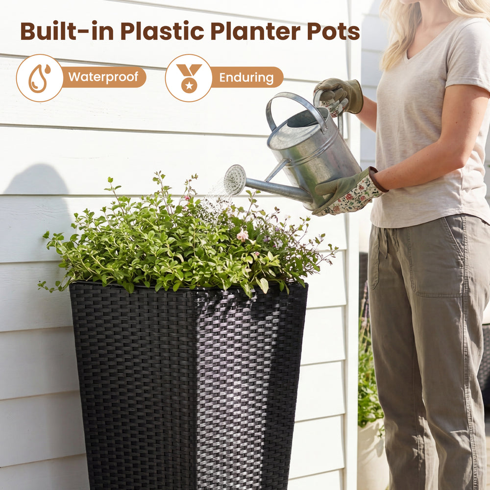 Rattan tall plant pot with detachable plastic liner, waterproof design for indoor and outdoor use, shown being watered.