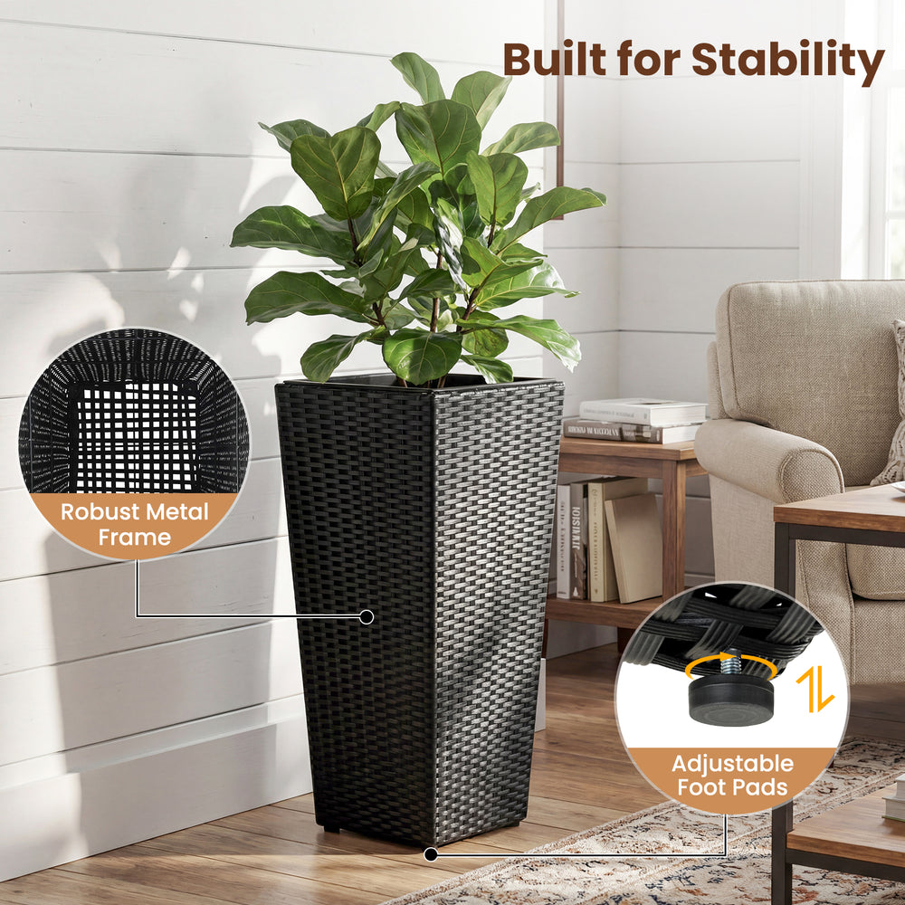 Tall black rattan plant pot with detachable liner, robust metal frame, and adjustable foot pads for indoor and outdoor.