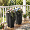 Set of 2 black rattan tall plant pots with detachable liners, perfect for porch or balcony decoration.