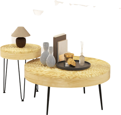 Costway Set of 2 Solid Wood Farmhouse Round Coffee Tables Natural 89325761 New