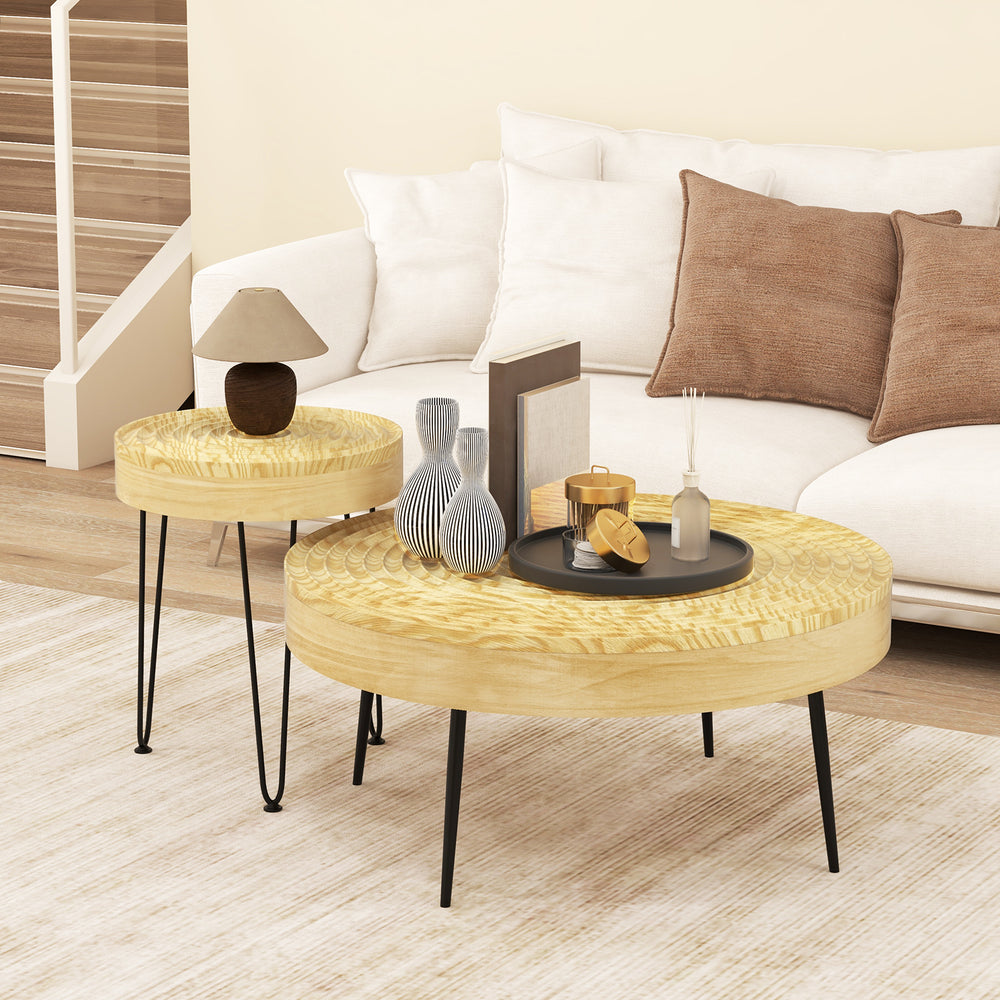 Set of 2 Solid Wood Farmhouse Round Coffee Tables-Natural - Gallery View 1 of 10