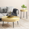 Round coffee tables set in natural solid pine wood with unique ripple patterns, perfect for living room or bedroom use.