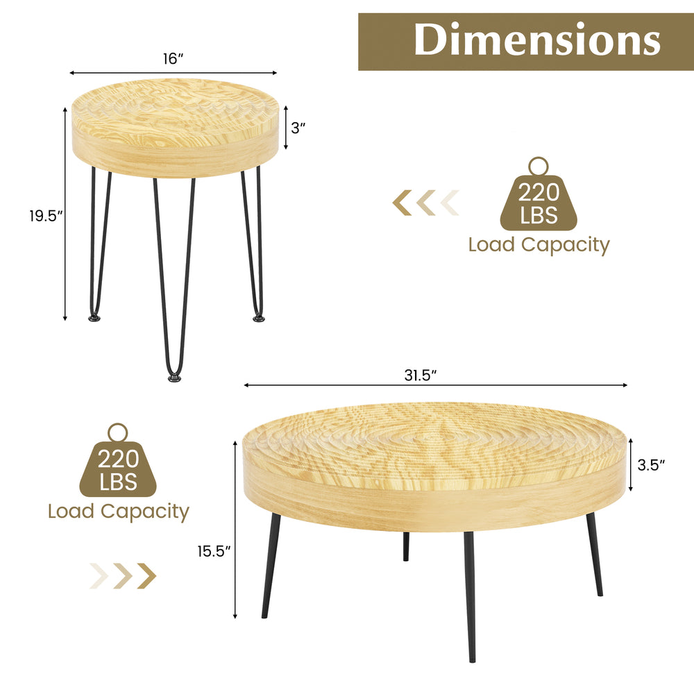 Round coffee tables with natural solid pine wood tops and rustproof metal legs, ideal for living room or lounge use.