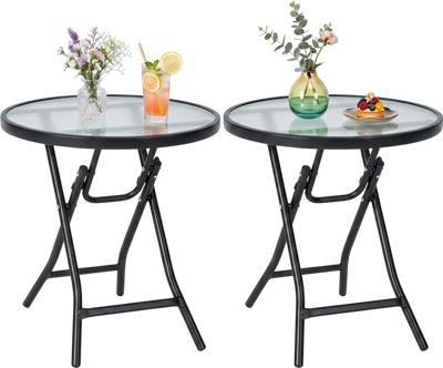 Costway Set of 2 Round Patio Side Tables Tempered Glass Top 18434473 New