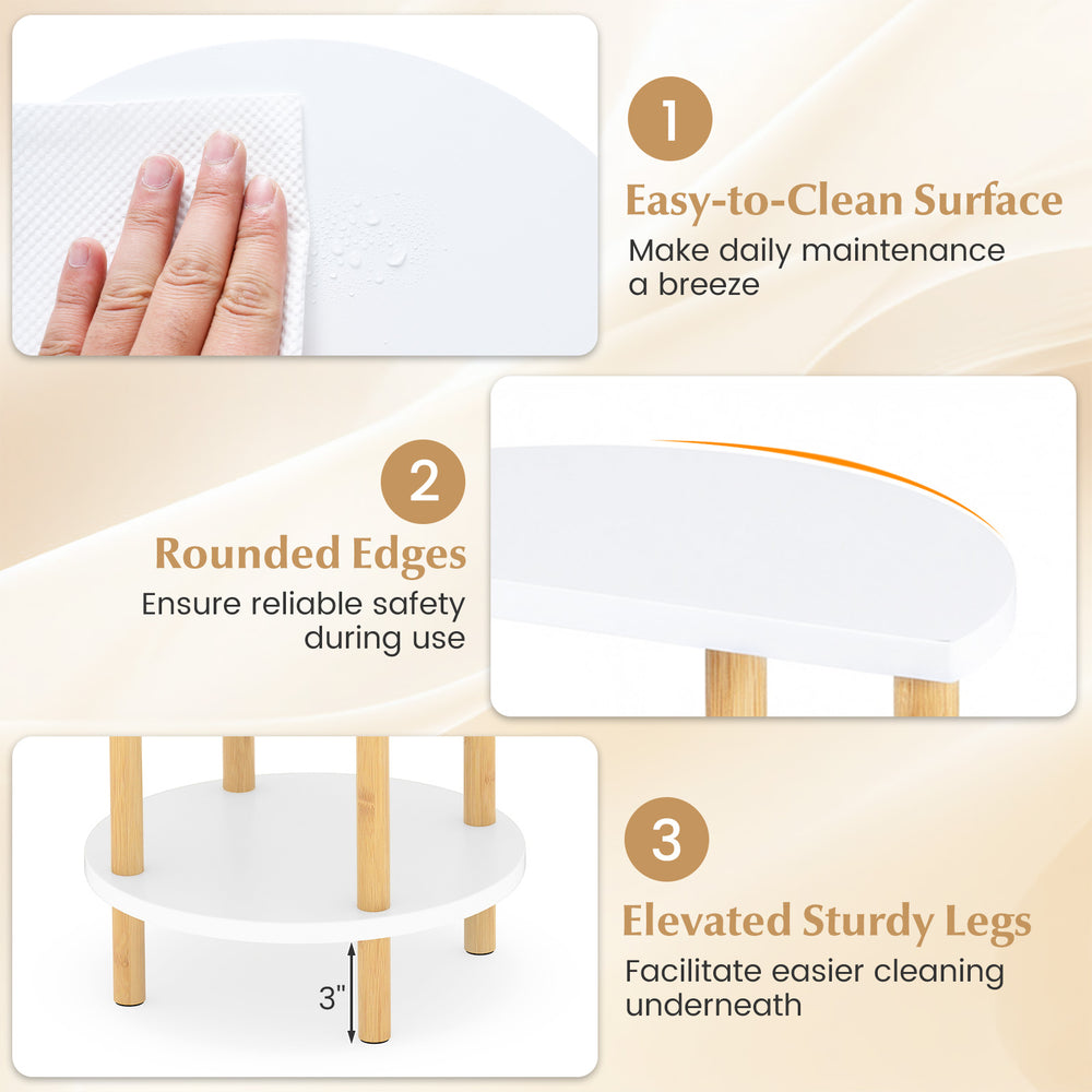 Compact round side table with bamboo construction, featuring 3-tier shelves and easy-to-clean surface for versatile use.