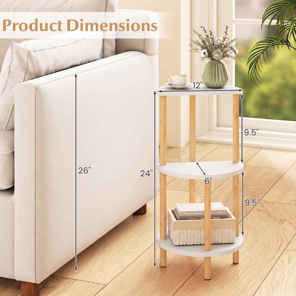 Compact round side table with 3-tier bamboo shelves, measuring 26" high, ideal for living room or bedroom storage.