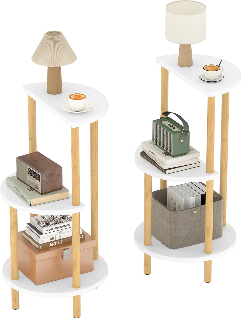 Compact set of 2 round side tables with 3-tier bamboo shelves, perfect for living room or bedroom storage.