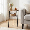 Round side table in rustic brown with a metal frame, featuring a 2-tier storage shelf for living room organization.