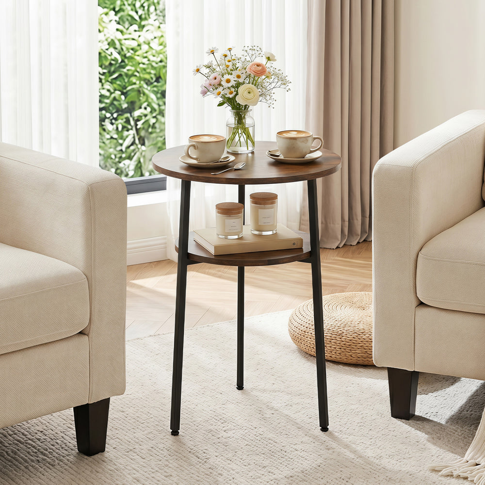 Round side table in rustic brown with a metal frame, featuring a 2-tier storage shelf for living room convenience.