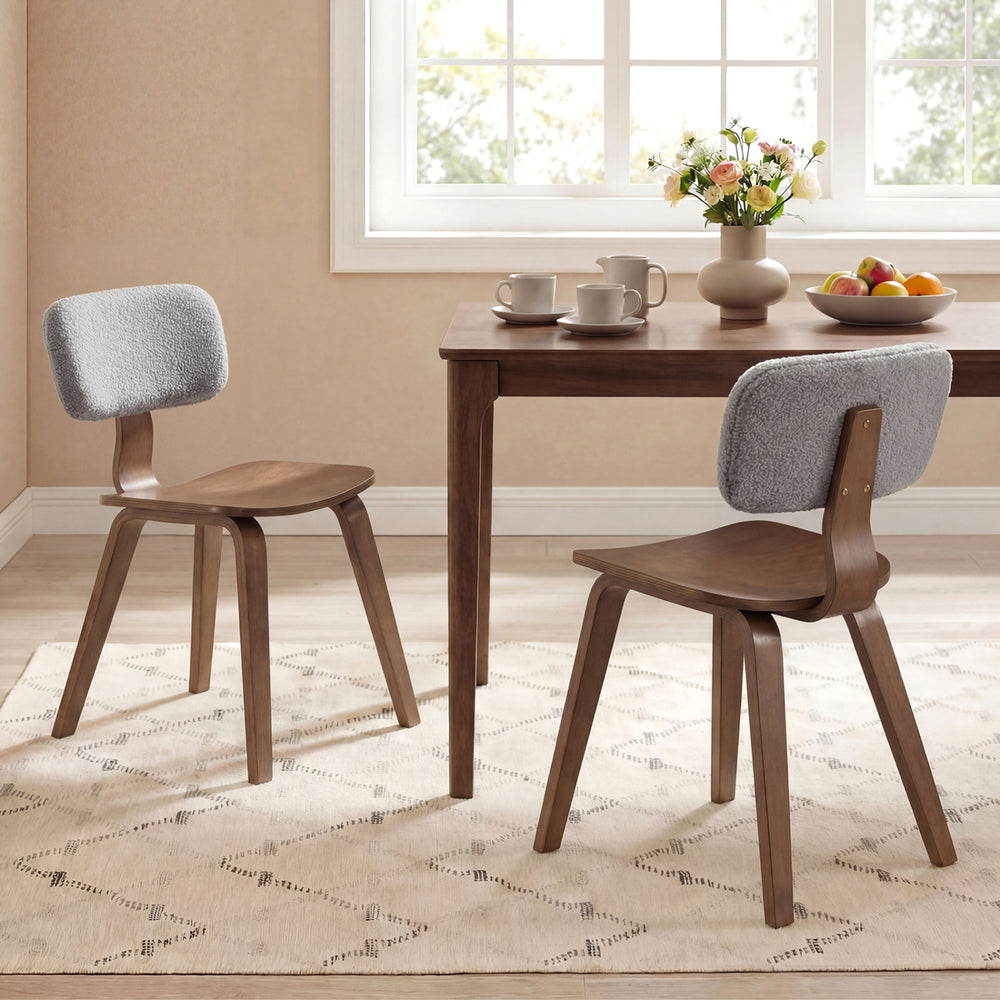 Set of 2 walnut rubber wood dining chairs with teddy velvet padded backrests, perfect for stylish dining room decor.