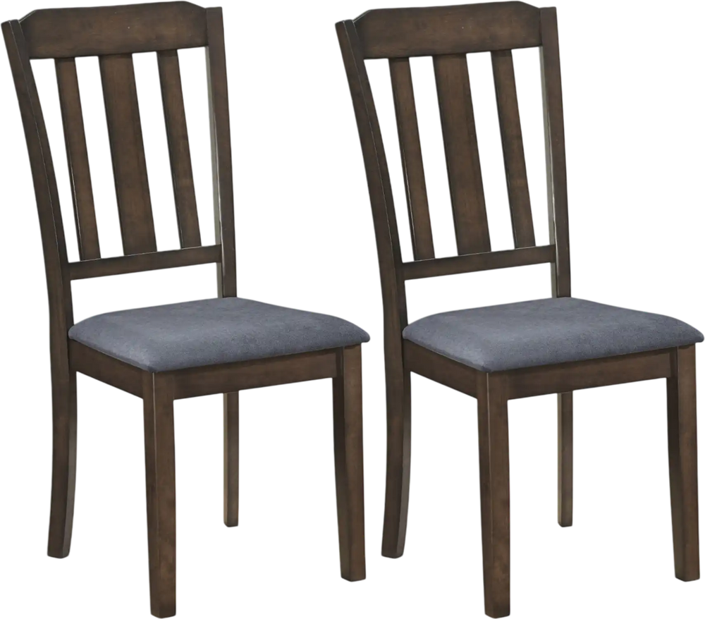 Set of 2 brown rubber wood dining chairs with comfortable backrest and padded faux linen seats for relaxed dining.