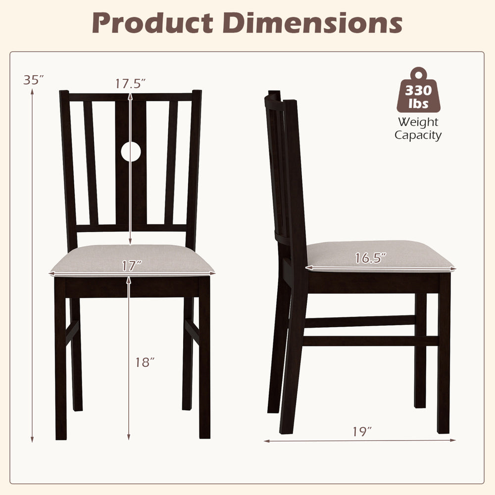 Dimensions of rubber wood kitchen chair with fabric padded seat, slatted back design, and 330 lbs weight capacity.