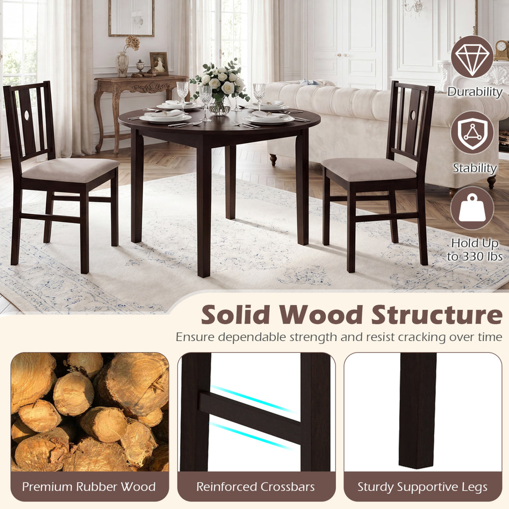 Set of 2 rubber wood kitchen chairs with fabric padded seats, featuring sturdy legs and slatted back design for comfort.