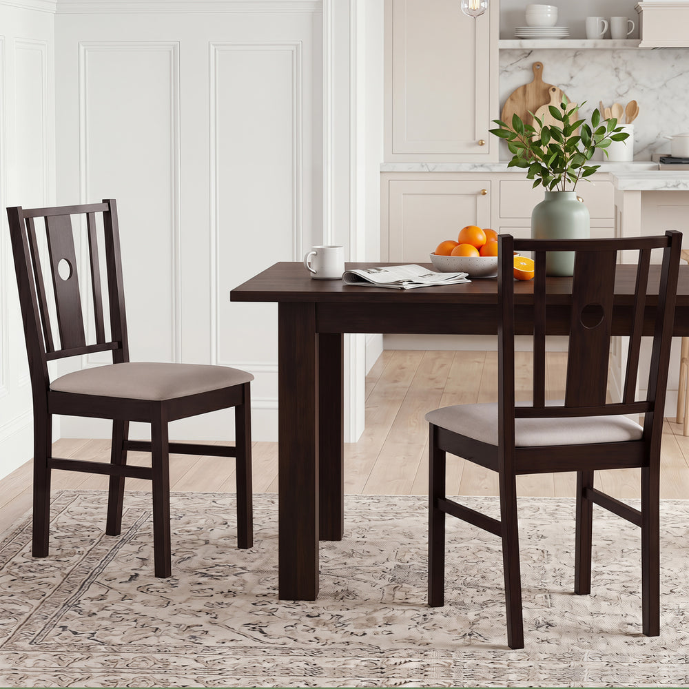 Set of 2 rubber wood kitchen chairs with fabric padded seats, featuring a slatted back design for comfort and support.