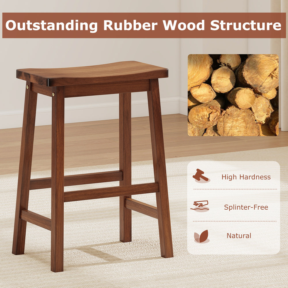 Saddle-seat counter height stool in walnut with ergonomic curved seat and footrests, ideal for kitchen or dining use.
