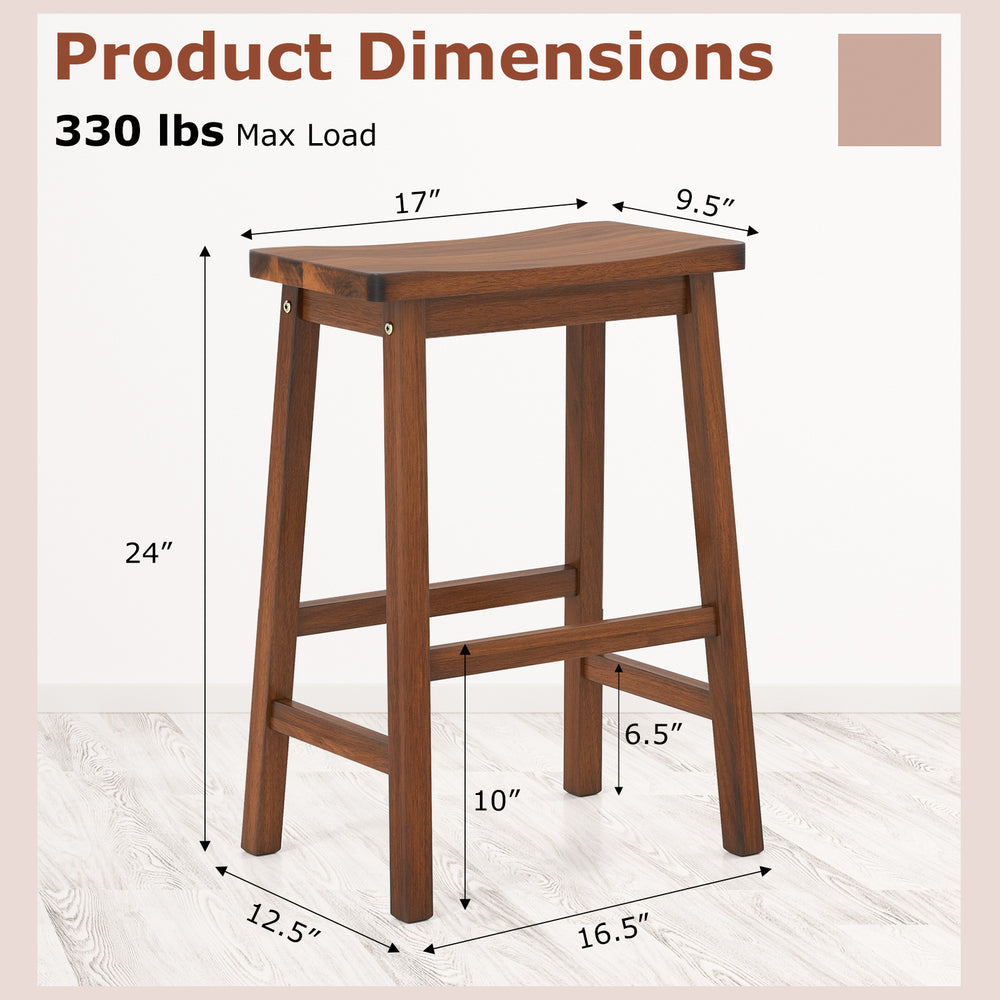 Dimensions of a saddle-seat counter height stool in walnut, measuring 24" high, suitable for 35"-39" counters.