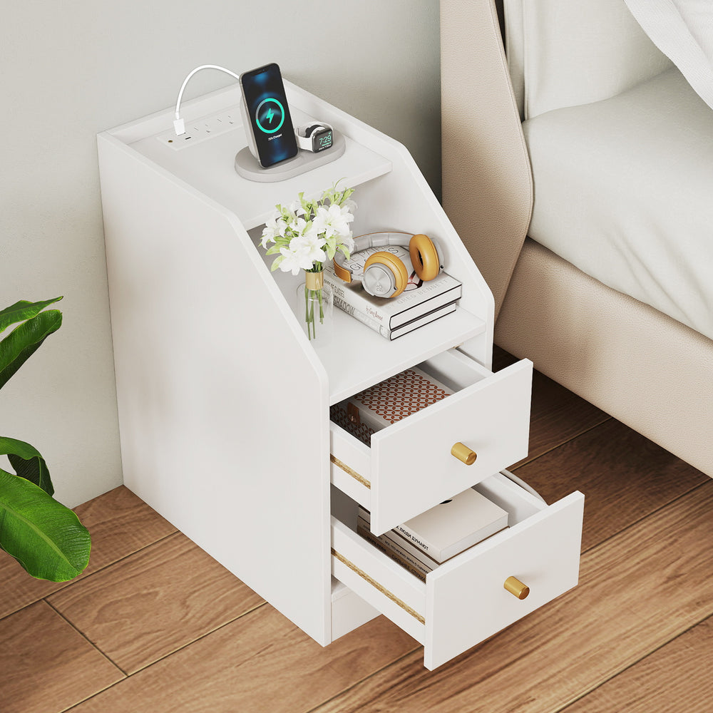 Set of 2 Side End Tables with Charging Station Sofa Couch Tables with Shelf Drawers-White - Gallery View 1 of 10