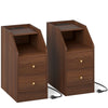 Set of 2 walnut side end tables with charging station, drawers, and shelf for organized living spaces.