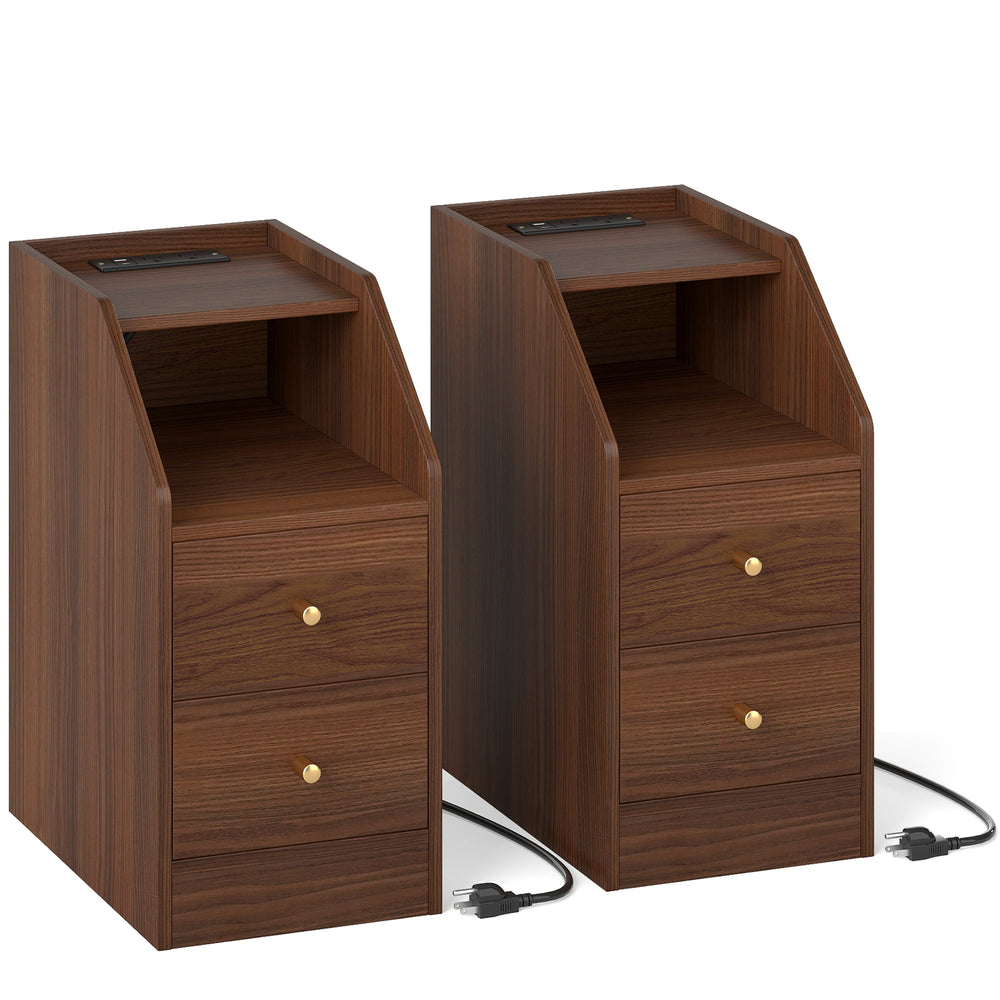 Set of 2 walnut side end tables with charging station, drawers, and shelf for organized living spaces.