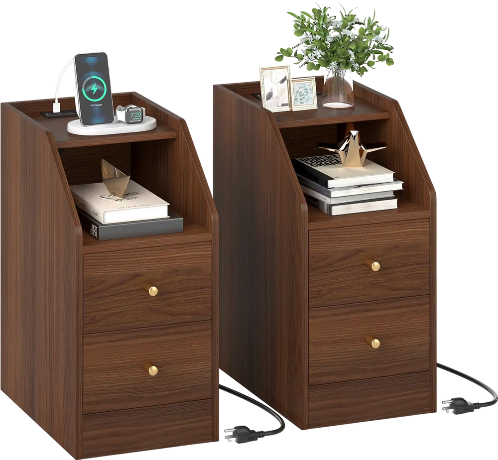 Set of 2 walnut side tables with charging station, drawers, and open shelf for organized living room or bedroom use.