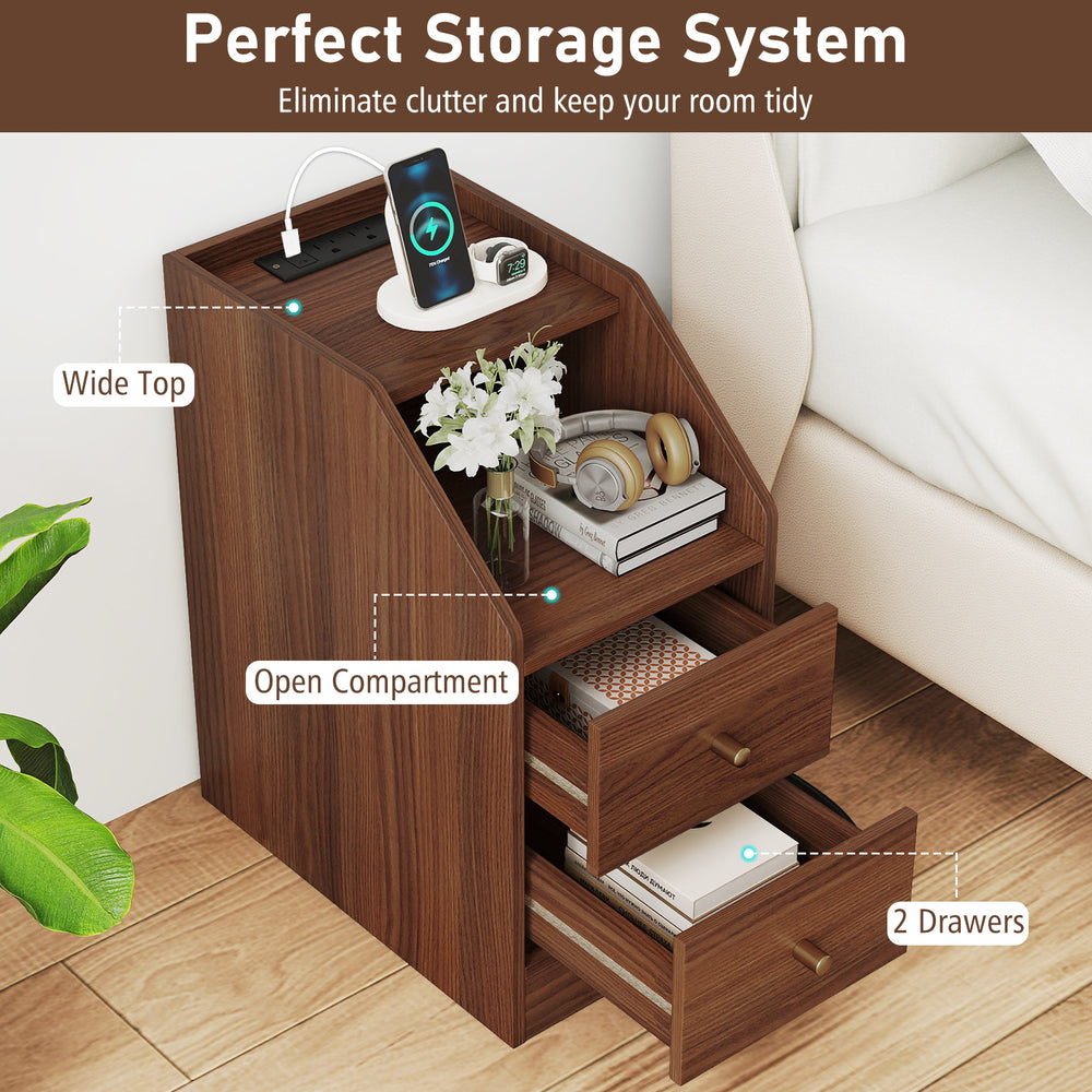 Side end table in walnut with charging station, open compartment, and 2 drawers for organized storage beside a sofa.