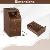 Dimensions of the walnut side end table with charging station, featuring drawers and open compartment for organization.