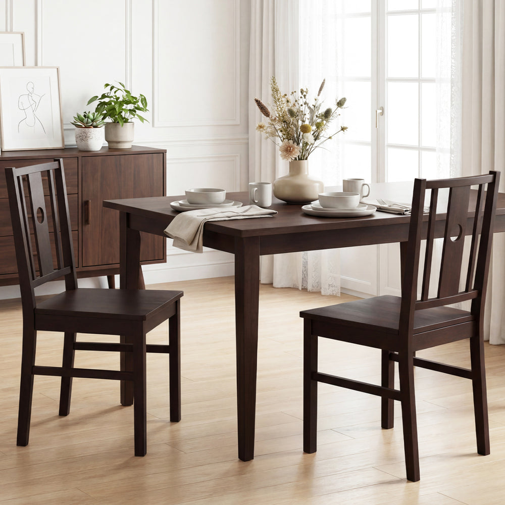 Set of 2 coffee rubber wood kitchen chairs with slatted backrest, ideal for dining rooms and kitchens.