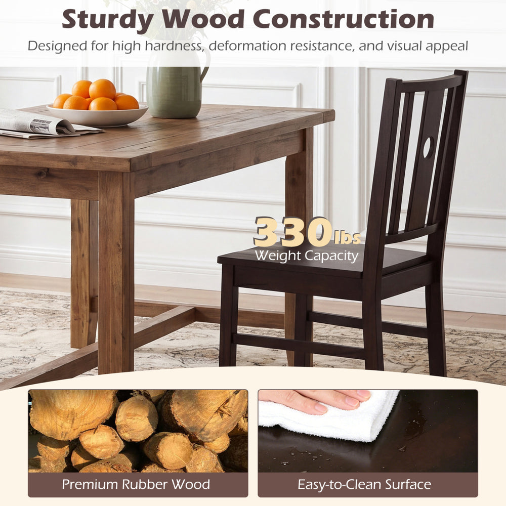Set of 2 solid rubber wood kitchen chairs with slatted backrest, designed for comfort and easy cleaning in dining areas.