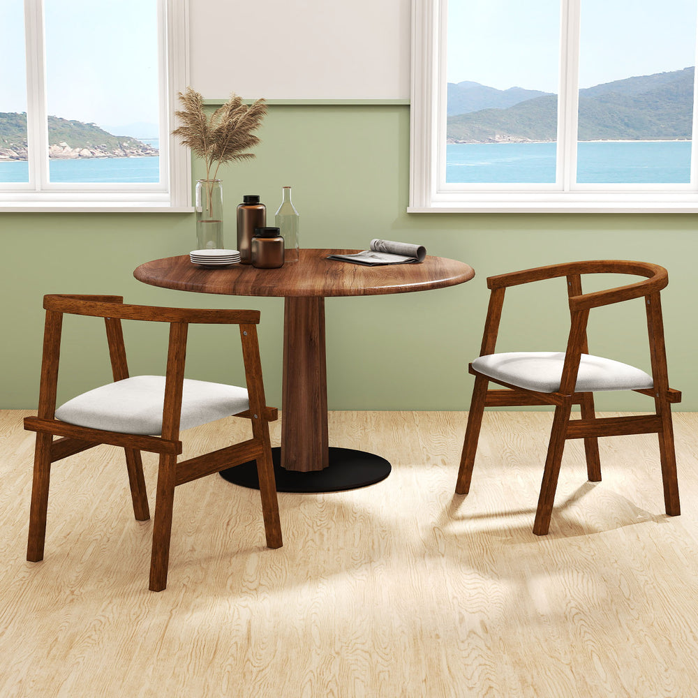Set of 2 walnut dining chairs with wrap-around armrest, featuring breathable fabric and sturdy rubber wood frame.