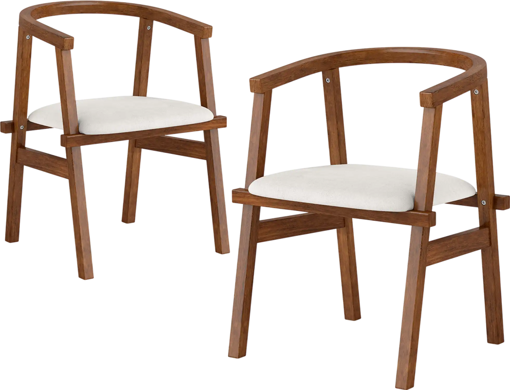 Set of 2 walnut dining chairs with wrap-around armrests, breathable fabric, and sturdy rubber wood frame for comfort.
