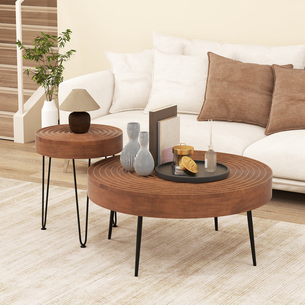 Set of 2 Solid Wood Ring Pattern Farmhouse Round Coffee Tables-Brown - Gallery View 1 of 10