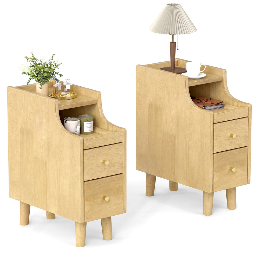 Set of 2 Solid Wood Night Side Table with Pull-out Tray and 2 Storage Drawers-Natural - Gallery View 1 of 10