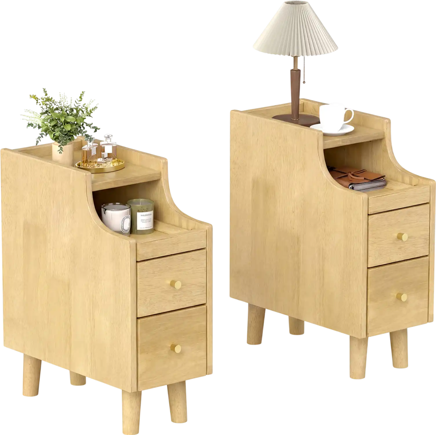 Costway Set of 2 Solid Wood Night Side Tables w/ Pull-Out Tray 2 Drawers 13348228 New